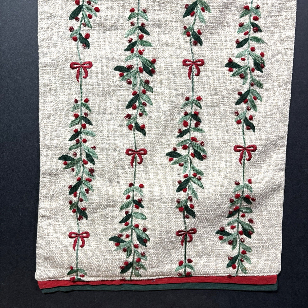 TAHARI Home Christmas Table Runner Natural Red and Green Holly Silver 16" x 72"